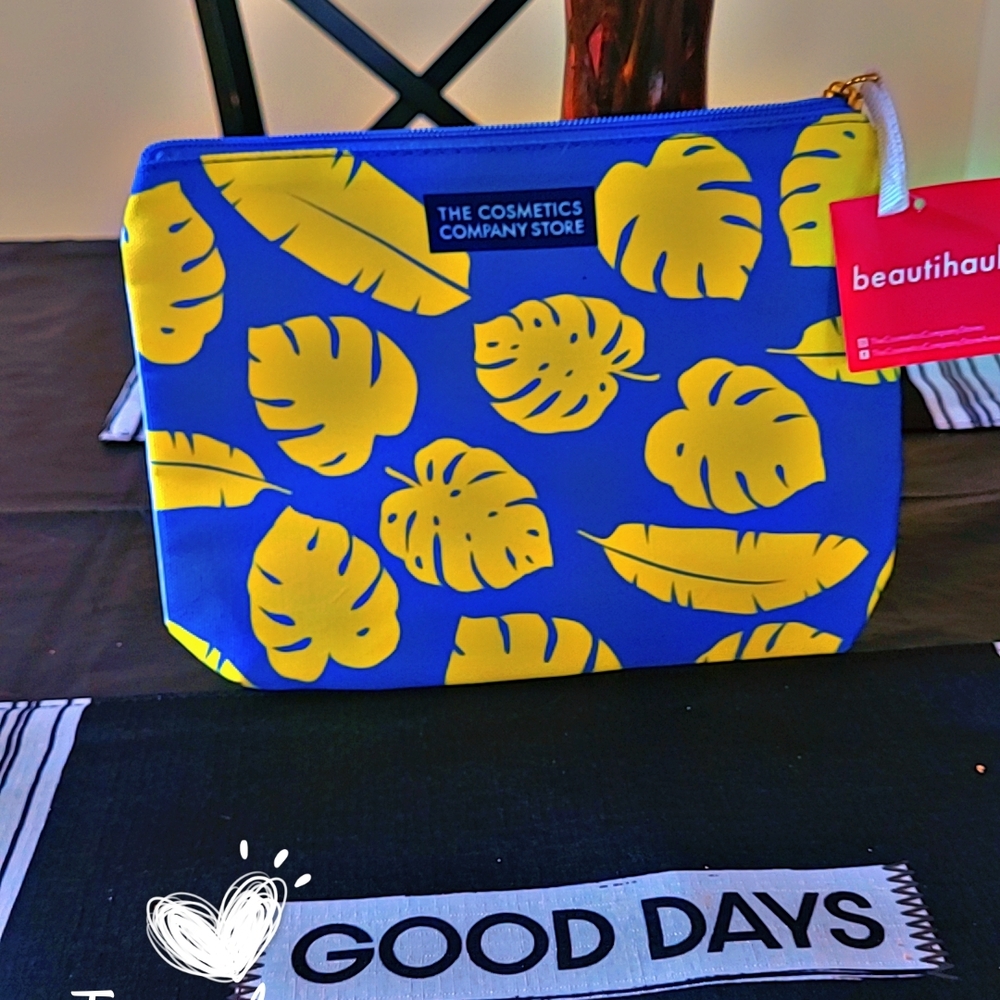 Blue and Yellow Leaf Print Cosmetic Bag